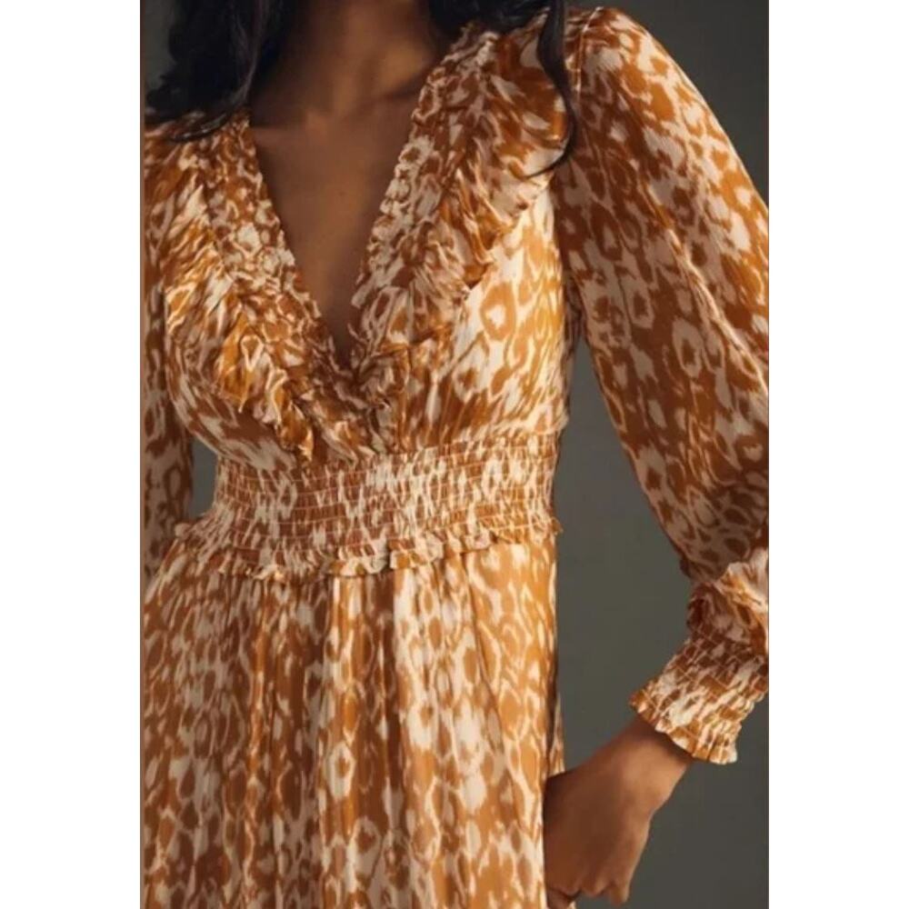 Anthropologie Odetta Ruffled V Neck Maxi Dress Small Honey Orange Boho Cottage - Picture 3 of 13